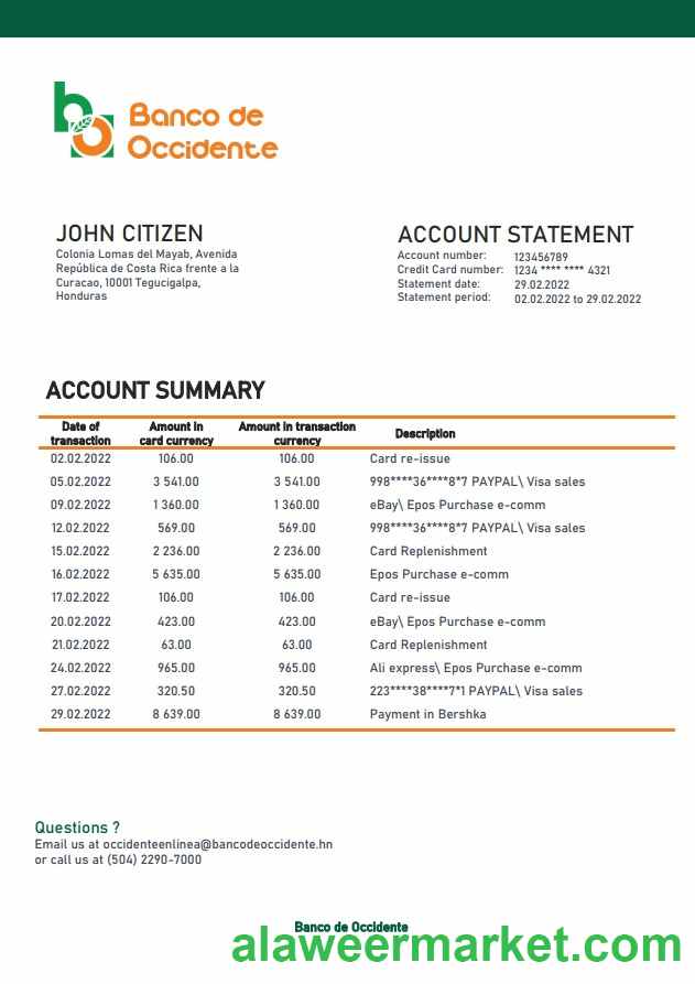 Honduras Banco de Occidente statement
